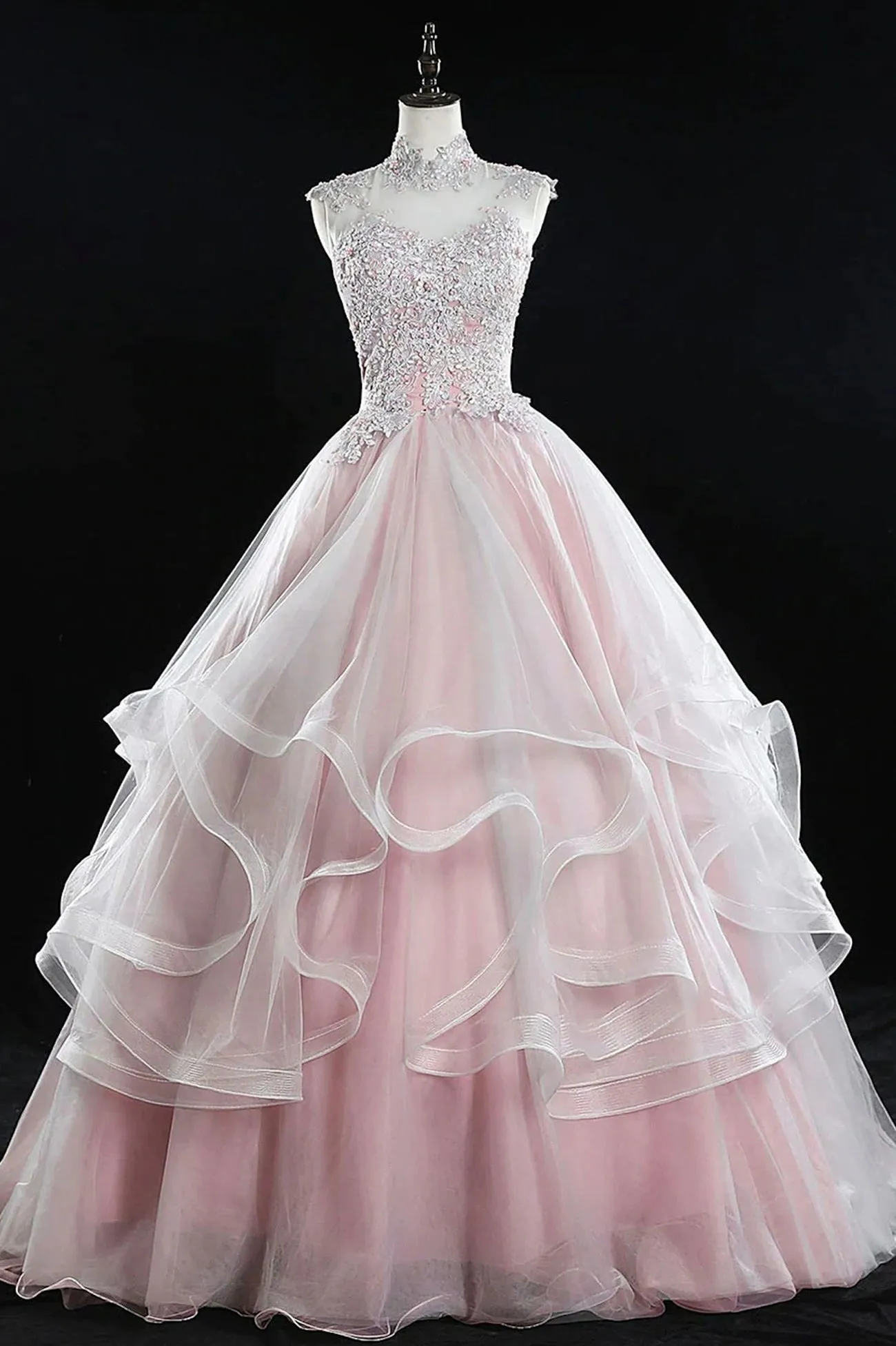 Pink Tulle Lace Sweet 16 Dresses Long Quinceanera Dresses