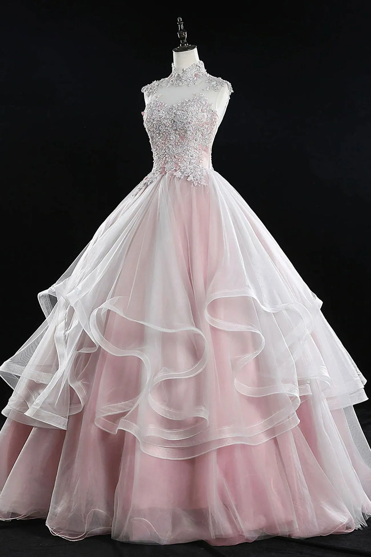 Pink Tulle Lace Sweet 16 Dresses Long Quinceanera Dresses