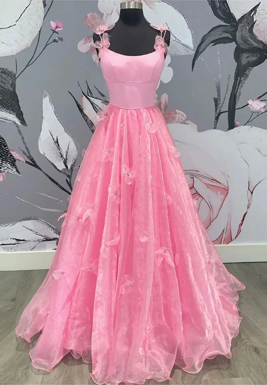 Pink Tulle Long A-Line Prom Dresses Pink Evening Dresses