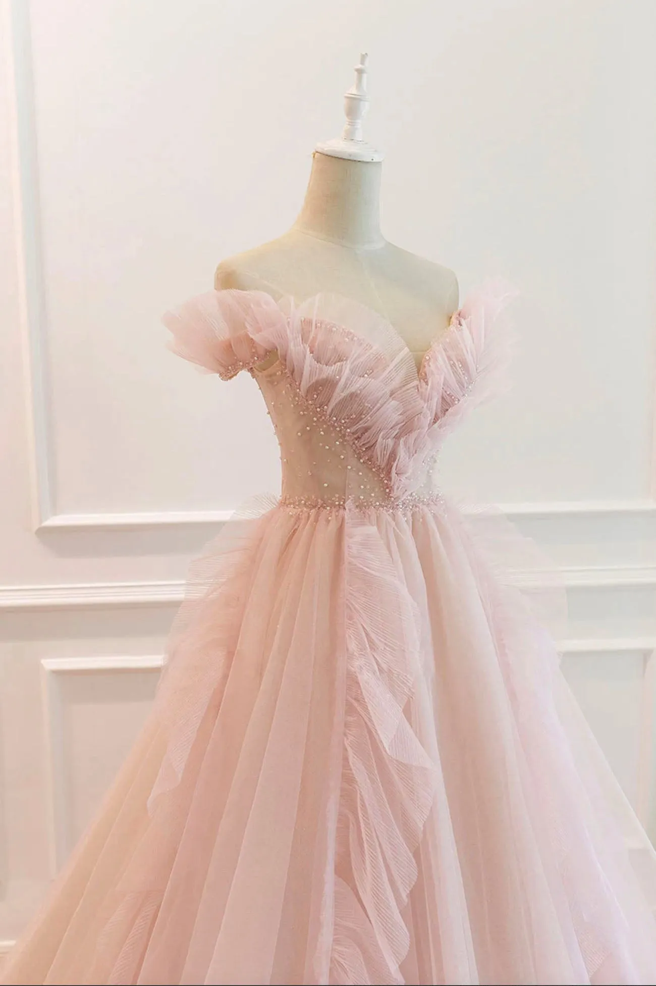 Pink Tulle Long Prom Dresses A-Line Graduation Dresses