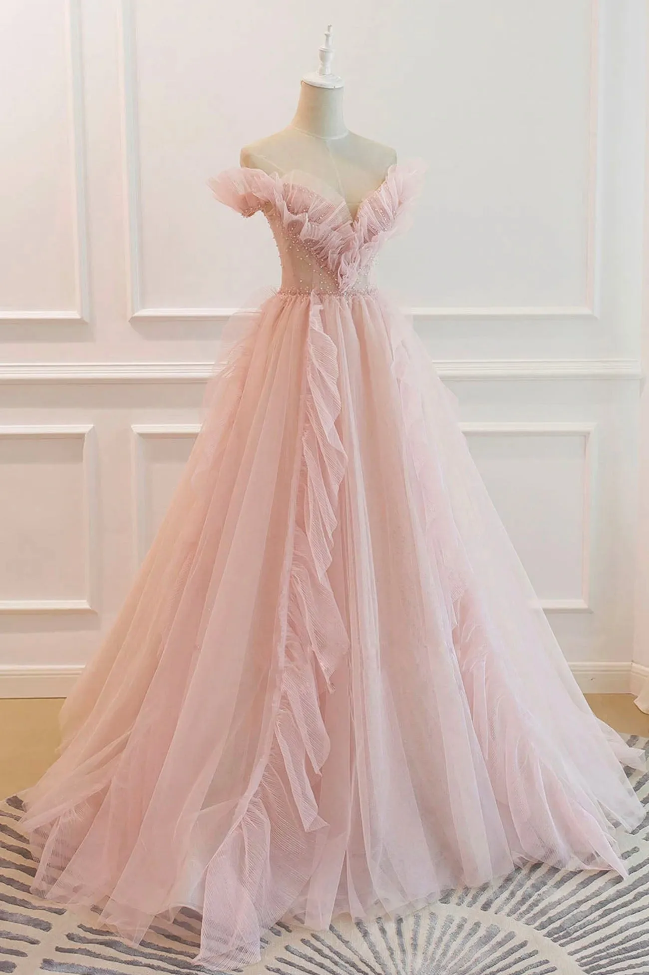 Pink Tulle Long Prom Dresses A-Line Graduation Dresses