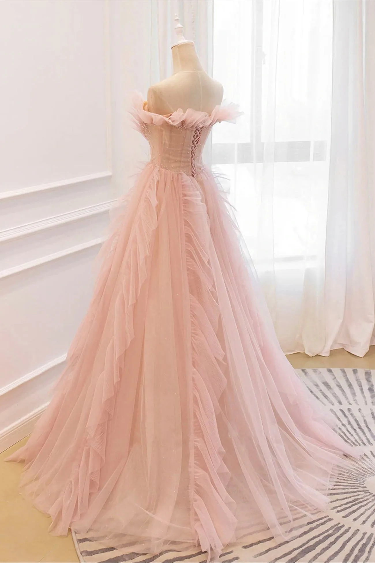 Pink Tulle Long Prom Dresses A-Line Graduation Dresses