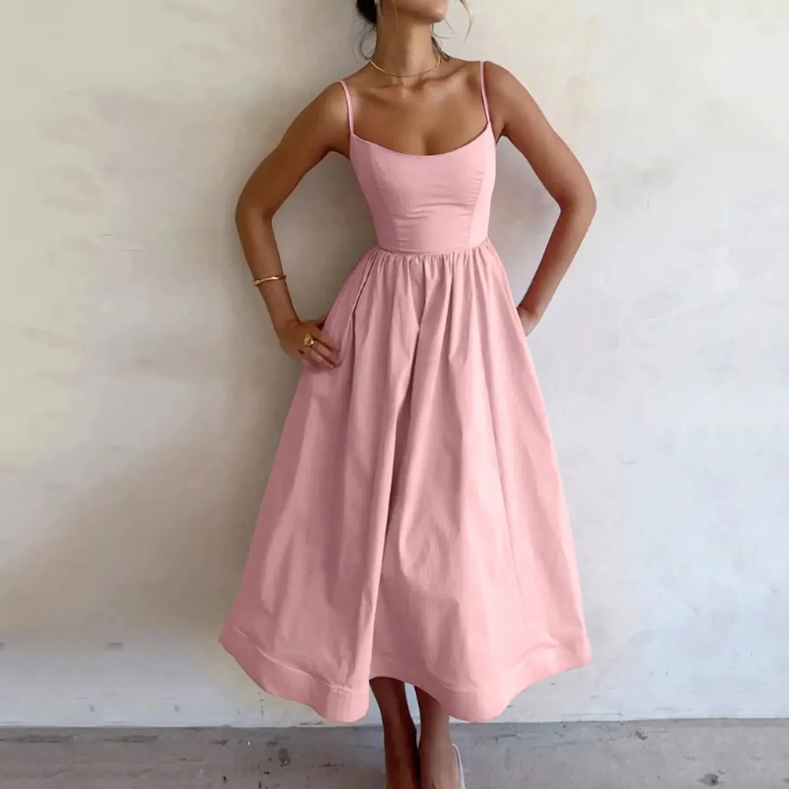 Pleated Strap Sleeveless Midi Elegant Fashion Casual Pink Dress