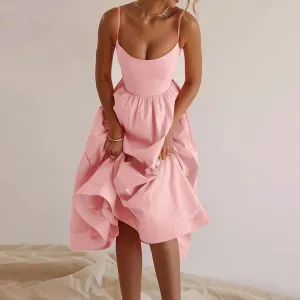 Pleated Strap Sleeveless Midi Elegant Fashion Casual Pink Dress