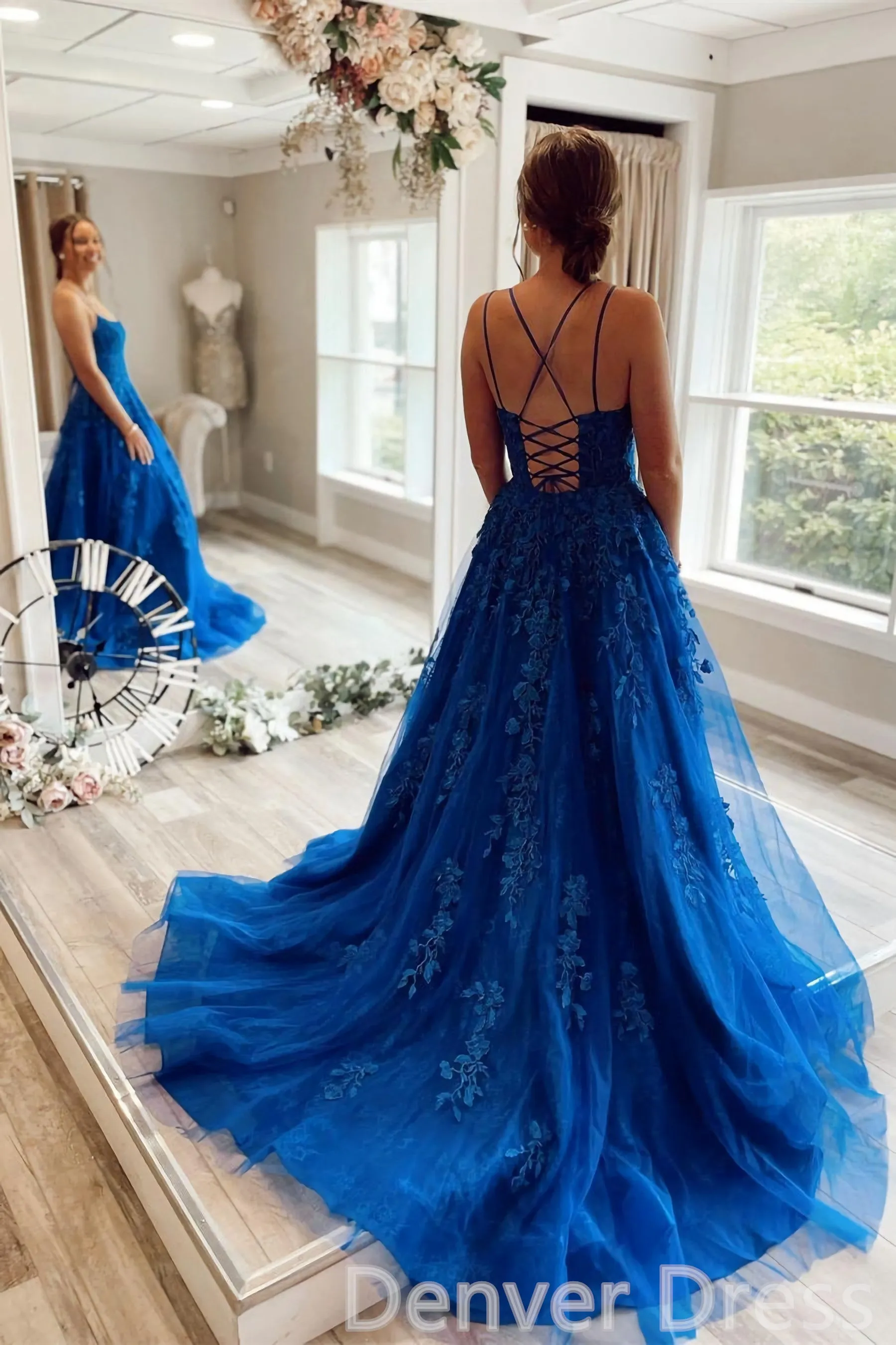 Princess A Line Lace Appliques Royal Blue  Tulle  Long Formal Dresses Prom Dresses