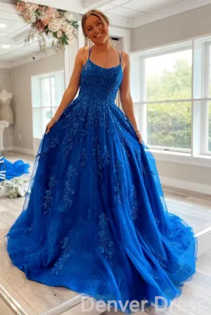 Princess A Line Lace Appliques Royal Blue  Tulle  Long Formal Dresses Prom Dresses