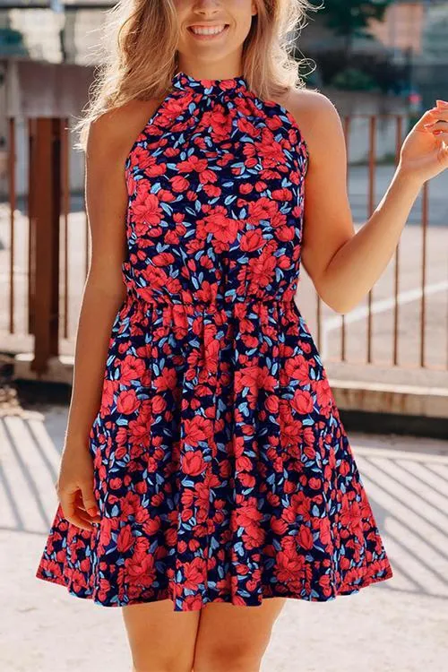 Print Halter Neck Sleeveless Mini Dress