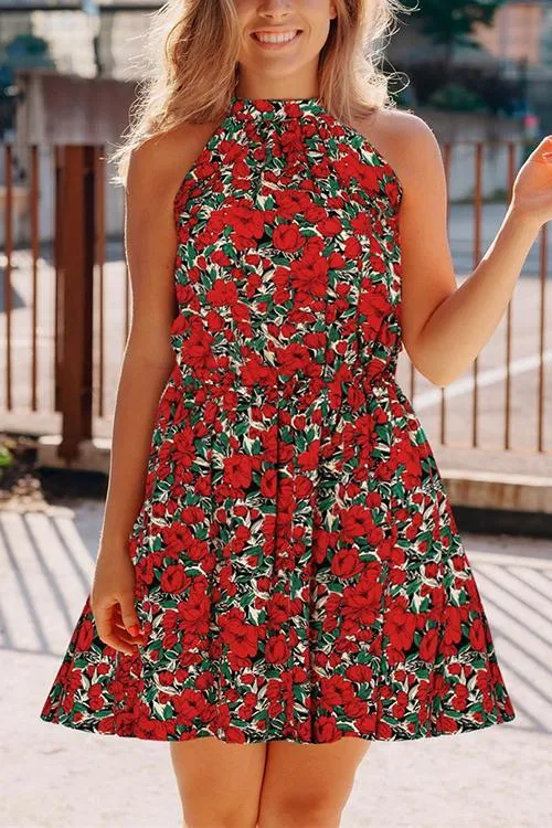 Print Halter Neck Sleeveless Mini Dress