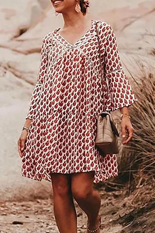 Print V Neck Loose Mini Dress