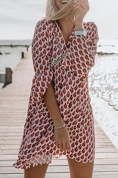 Print V Neck Loose Mini Dress