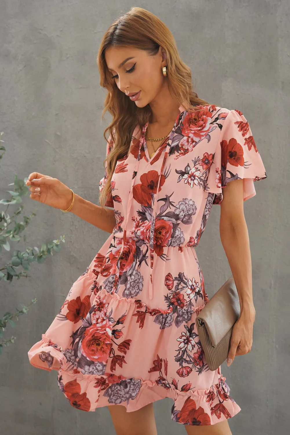 Printed Frill Trim Tie-Neck Flutter Sleeve Dress