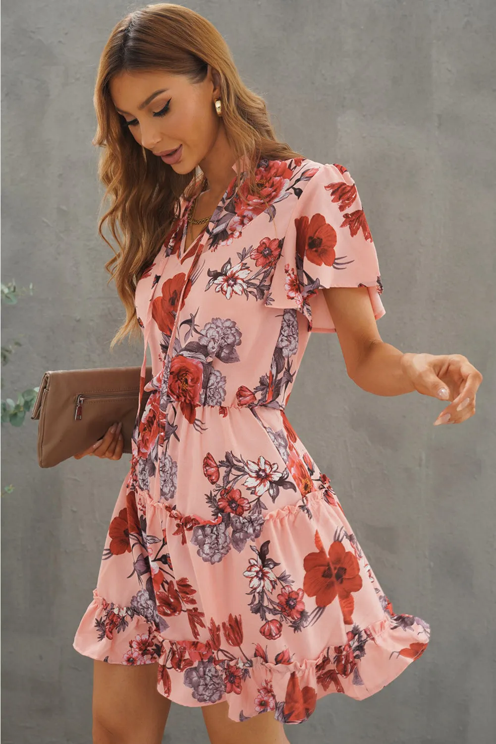 Printed Frill Trim Tie-Neck Flutter Sleeve Dress