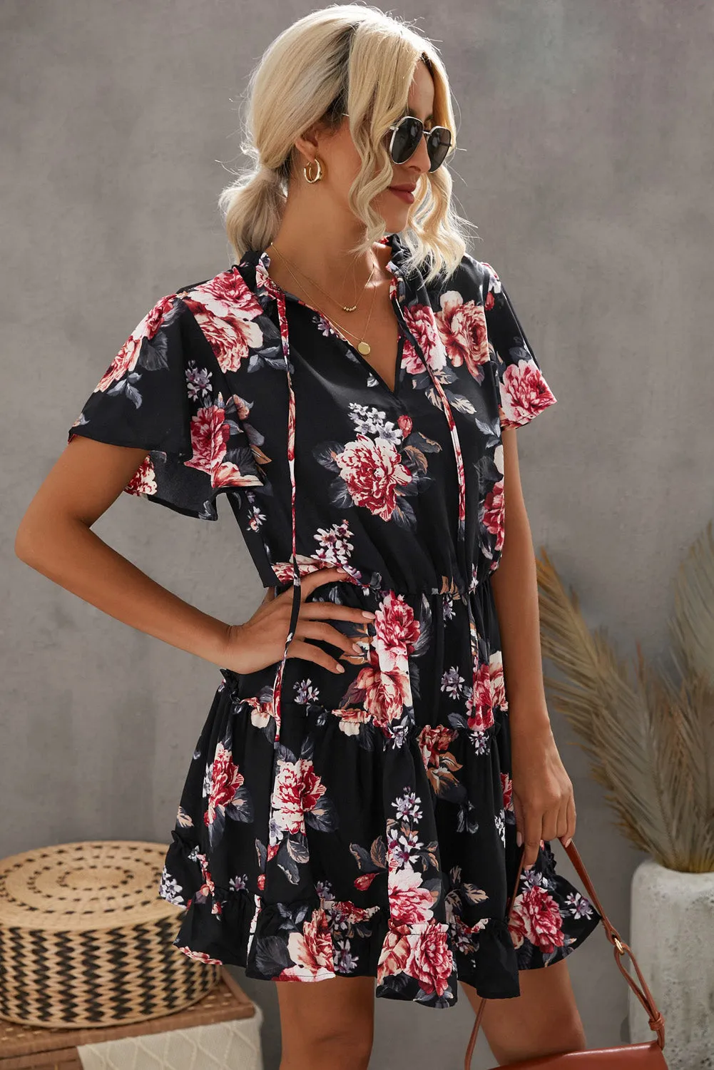 Printed Frill Trim Tie-Neck Flutter Sleeve Dress