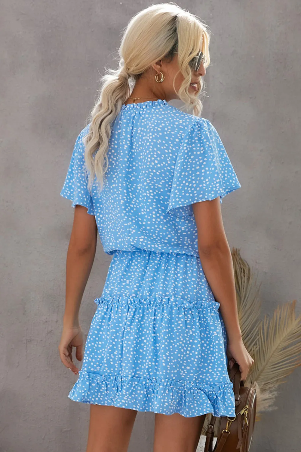 Printed Frill Trim Tie-Neck Flutter Sleeve Dress