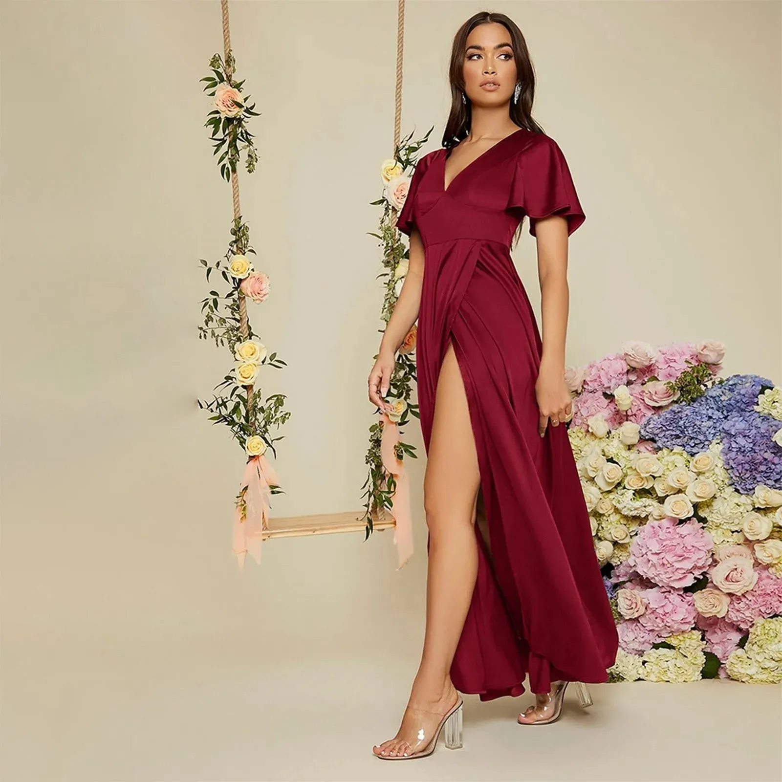 Prom Evening A-Line Short Sleeve V-Neck Chiffon Exquisite Bridesmaid Casual Luxury Dress