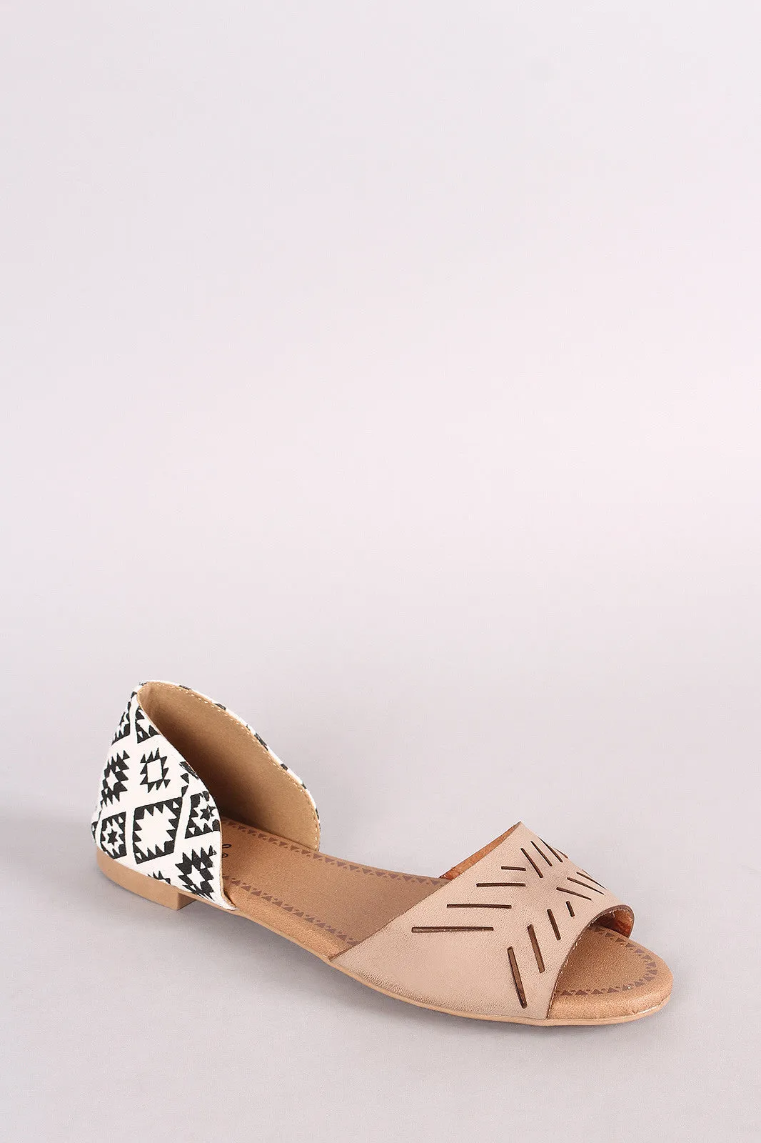 Qupid Geo Cutout Peep Toe Slip On Tribal Dorsay Flat