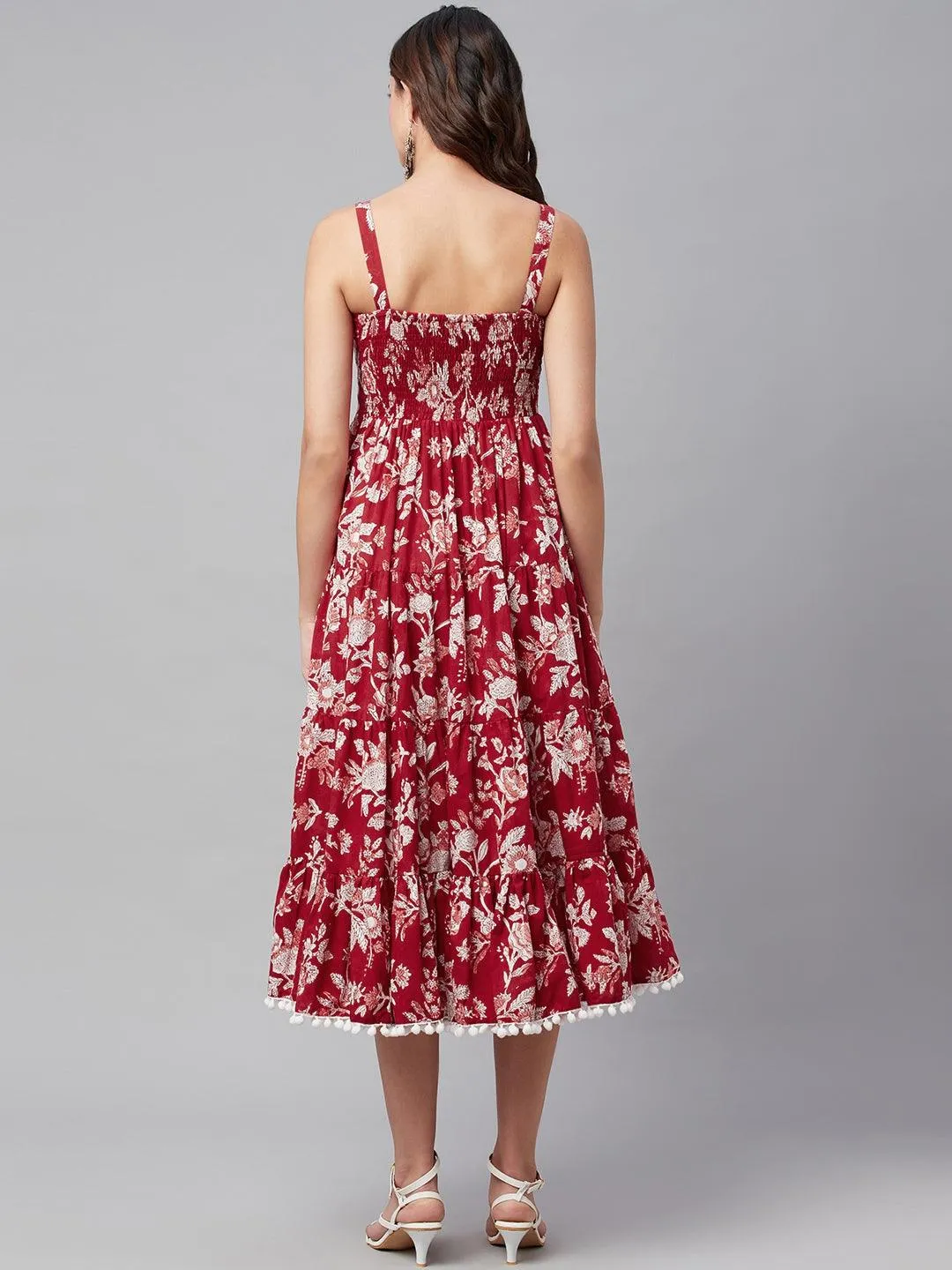 Red Floral Printed Shoulder Strap Long Dress