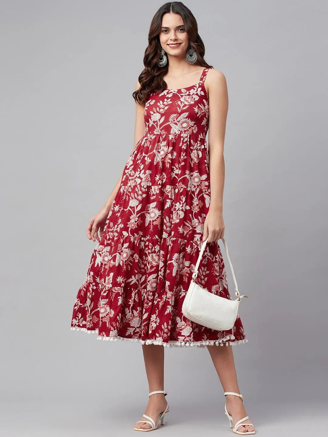 Red Floral Printed Shoulder Strap Long Dress