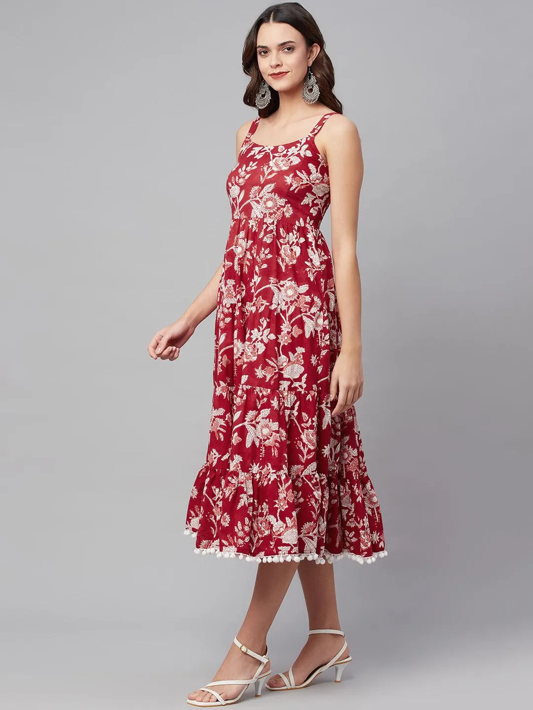 Red Floral Printed Shoulder Strap Long Dress