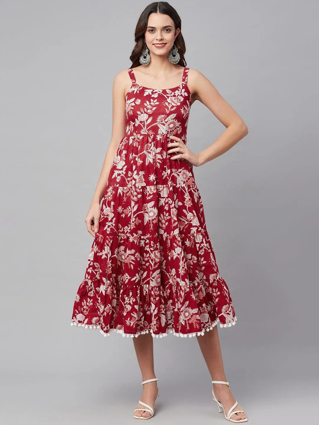 Red Floral Printed Shoulder Strap Long Dress