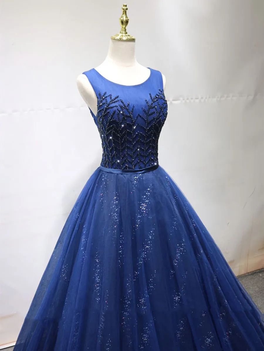 Round Neck Dark Navy Blue Long Prom Dresses with Corset Back, Navy Blue Formal Evening Dresses