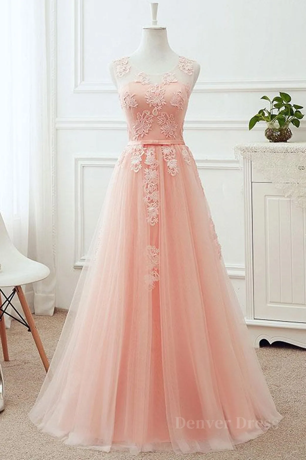 Round Neck Pink Lace Long Prom Dresses Pink Lace Bridesmaid Dresses