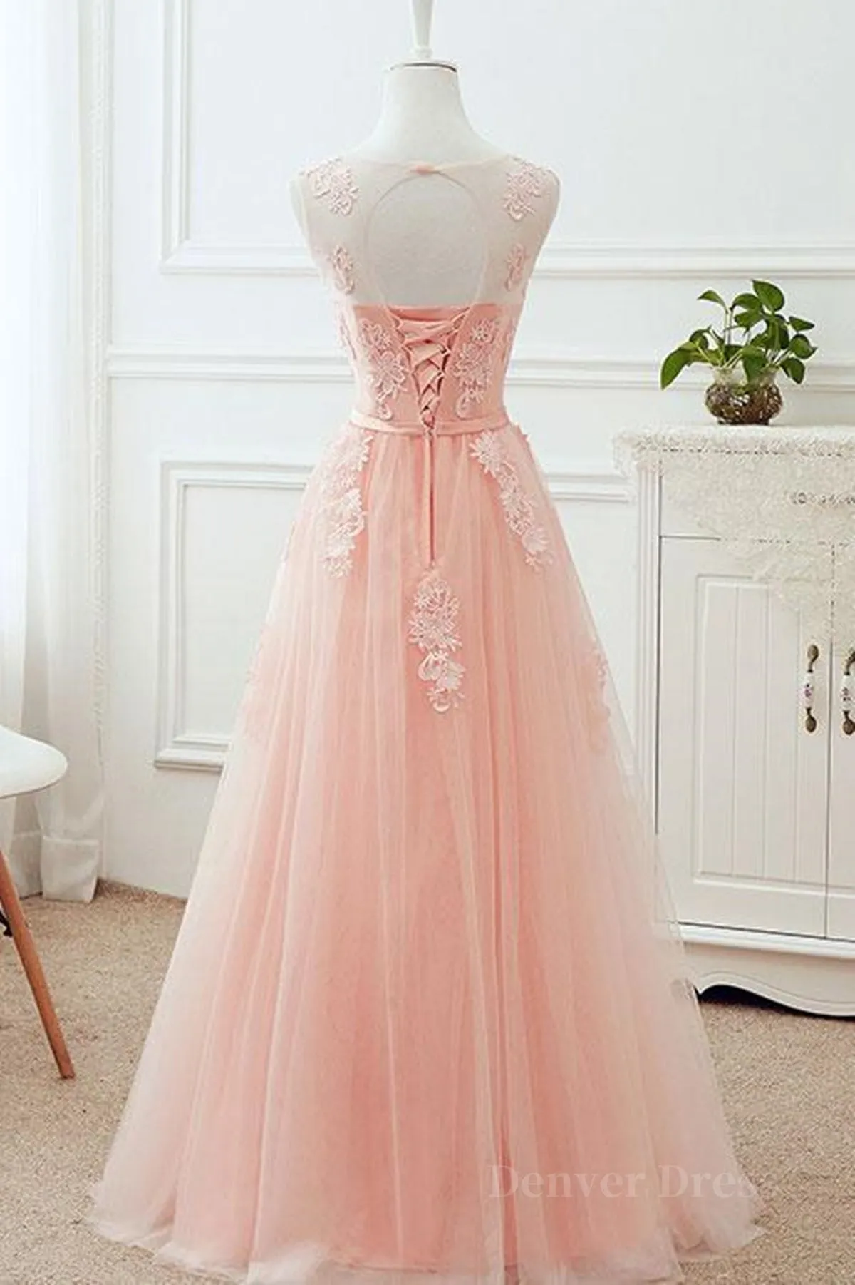 Round Neck Pink Lace Long Prom Dresses Pink Lace Bridesmaid Dresses