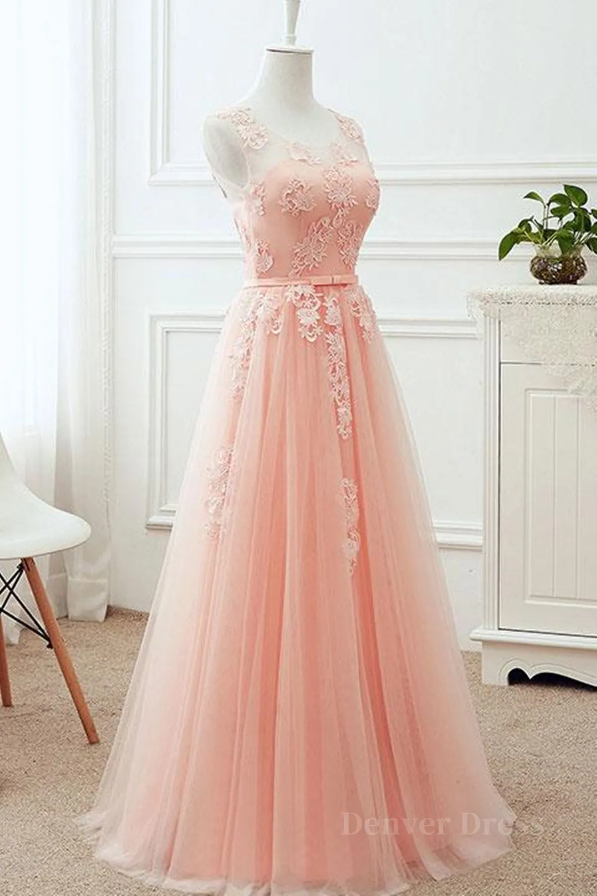 Round Neck Pink Lace Long Prom Dresses Pink Lace Bridesmaid Dresses