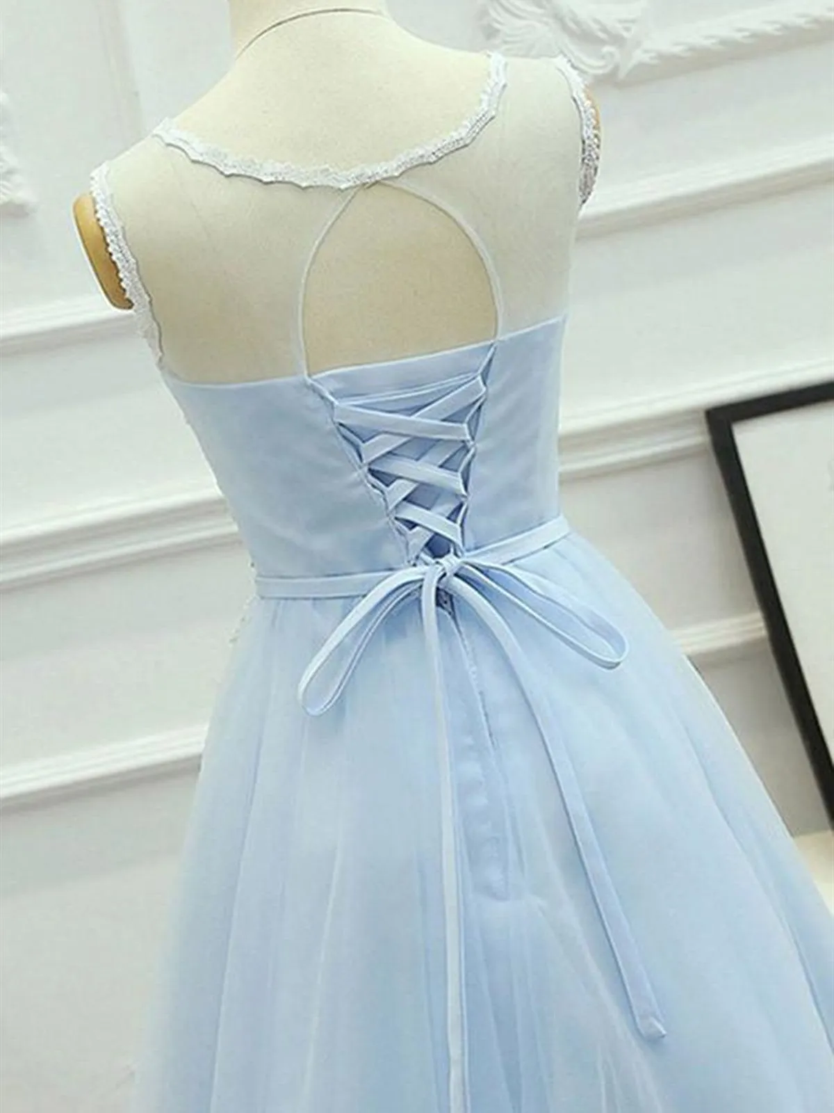 Round Neck Short Blue Lace Prom Dresses, Short Light Blue Lace Formal Graduation Dresses