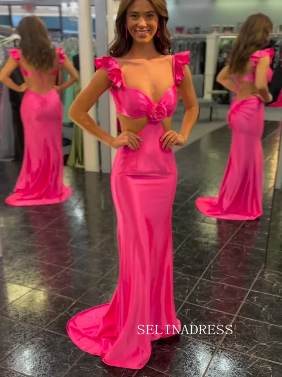 Ruffle Straps Fuchsia Rosette Side Cutouts Prom Dress lpk562