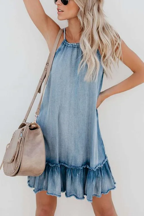 Ruffles Hem Denim Slip Mini Dress