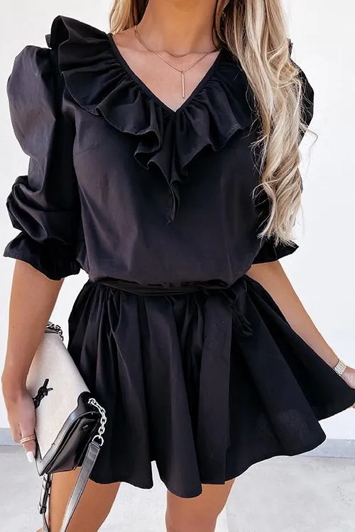 Ruffles Puff Sleeve Belted Mini Dress