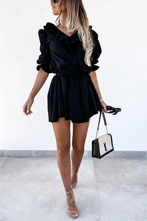 Ruffles Puff Sleeve Belted Mini Dress