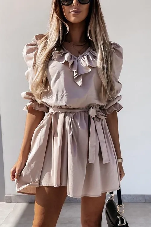 Ruffles Puff Sleeve Belted Mini Dress