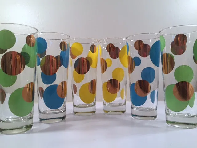 Russel Wright Mid-Century Bright Blue, Green, Yellow & 22-Karat Gold Eclipse Tall Collins Glasses (Set of 6)