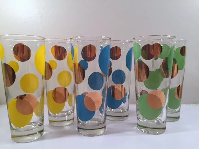 Russel Wright Mid-Century Bright Blue, Green, Yellow & 22-Karat Gold Eclipse Tall Collins Glasses (Set of 6)