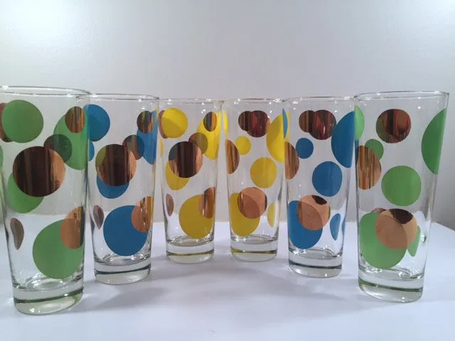 Russel Wright Mid-Century Bright Blue, Green, Yellow & 22-Karat Gold Eclipse Tall Collins Glasses (Set of 6)