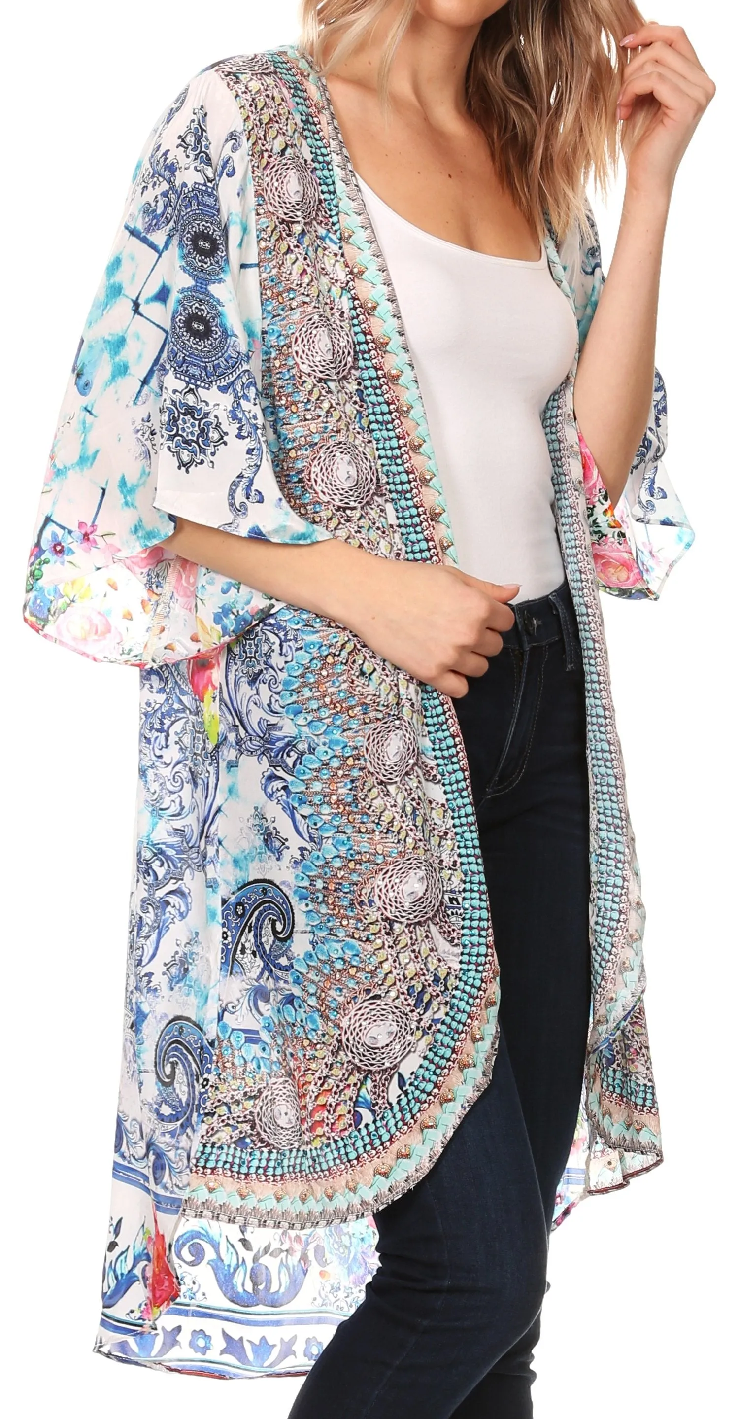 Sakkas Denora Women's Casual Draped Kimono Short Sleeve Boho Open Front Cardigan