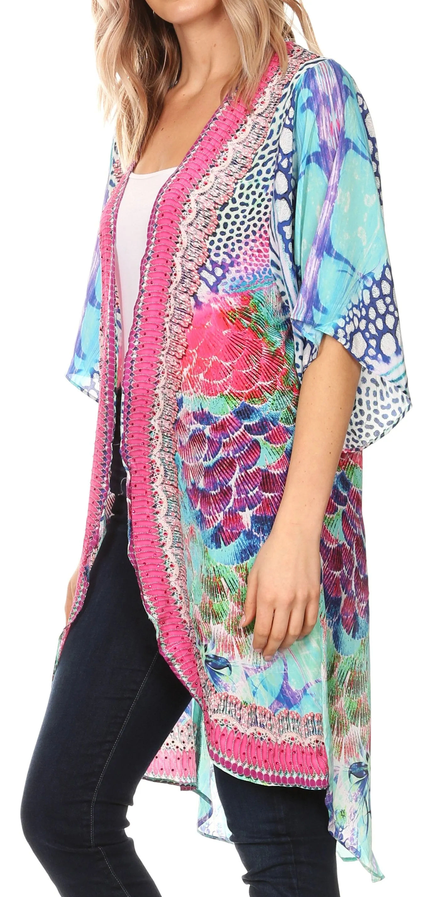 Sakkas Denora Women's Casual Draped Kimono Short Sleeve Boho Open Front Cardigan