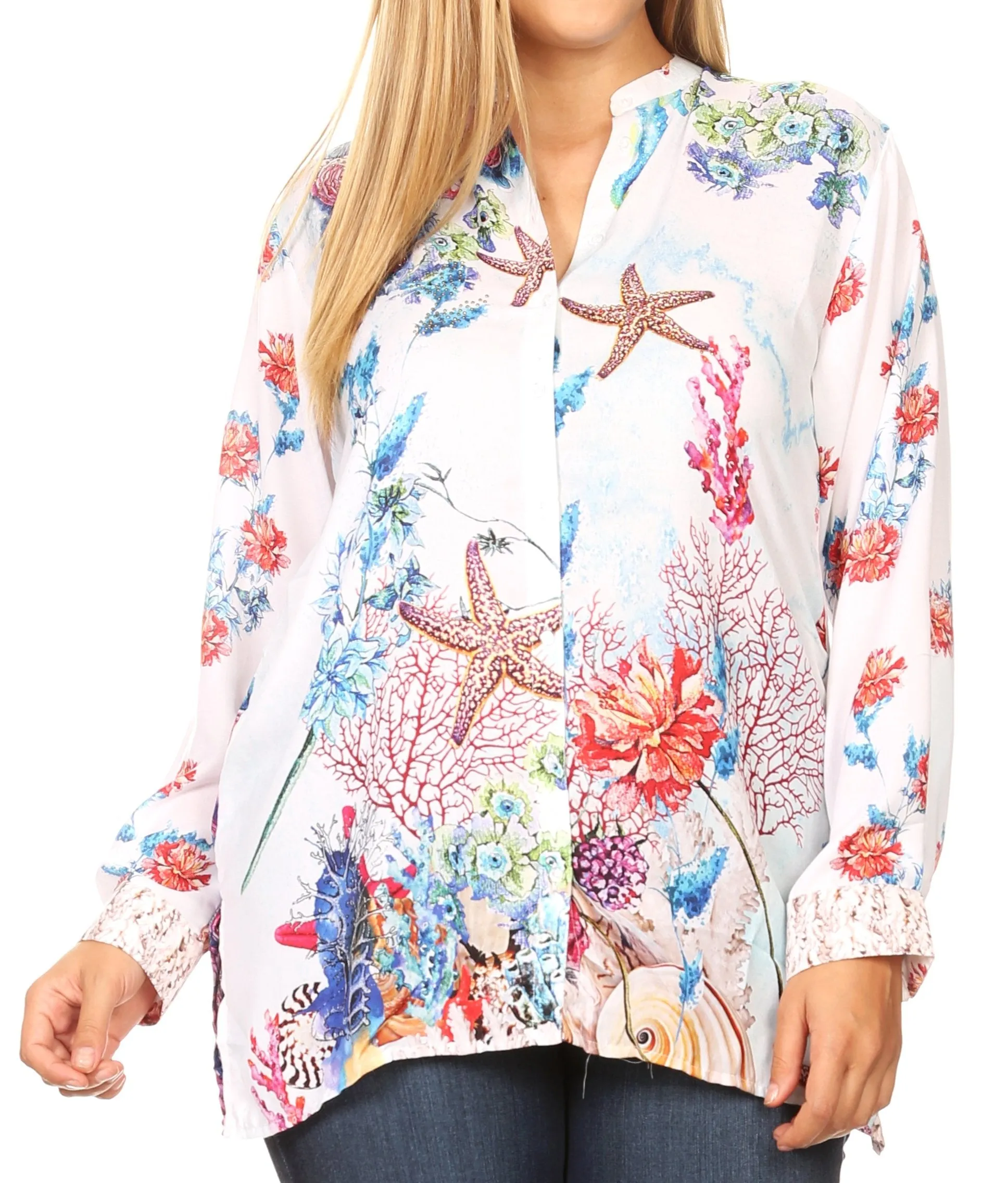 Sakkas Ditta Women's Casual Loose Long Sleeve Print Button Down Shirt Tunic Blouse