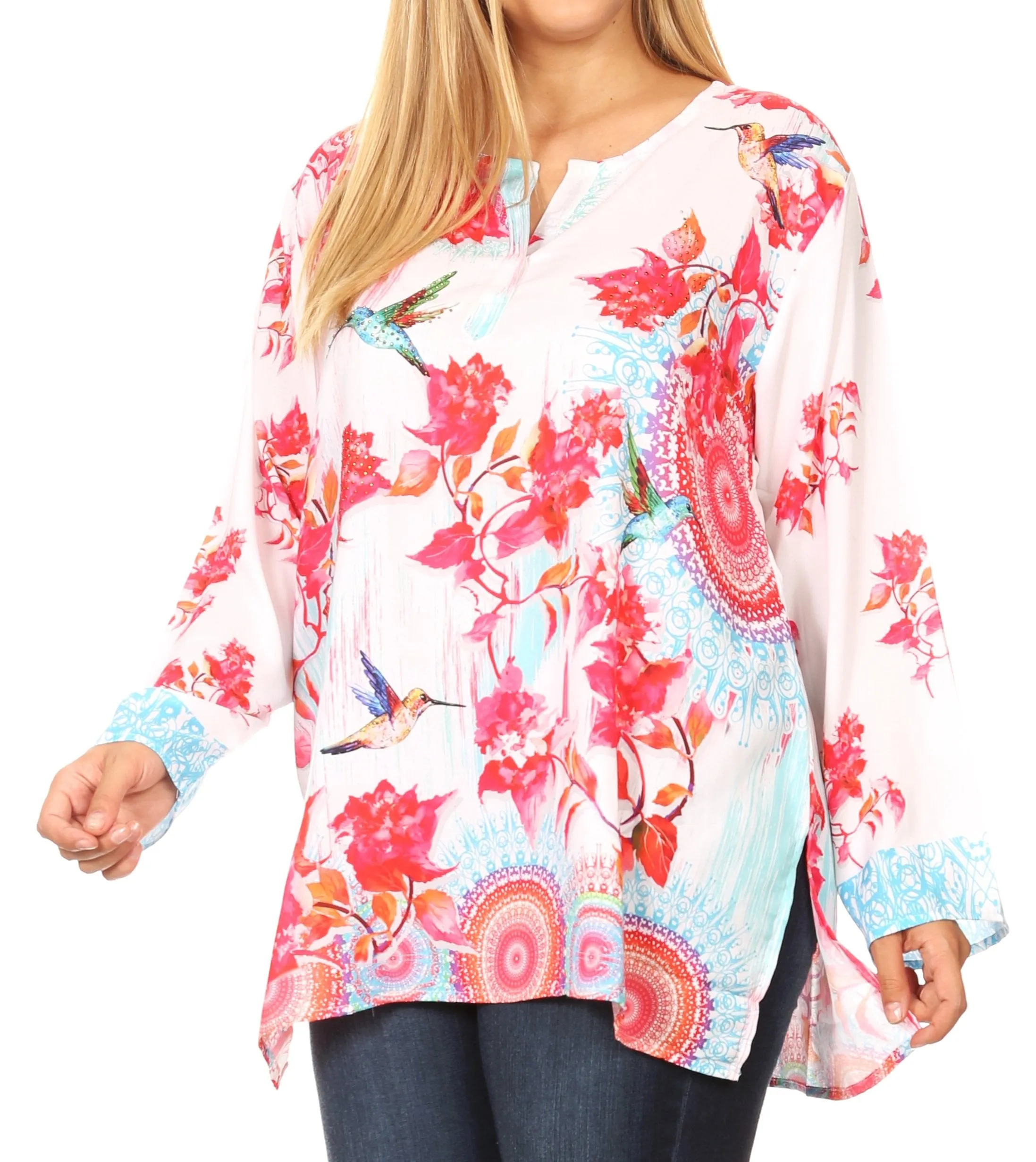 Sakkas Linea Women's Casual Floral Print Long Sleeve Swing Boho Pullover Tunic Top