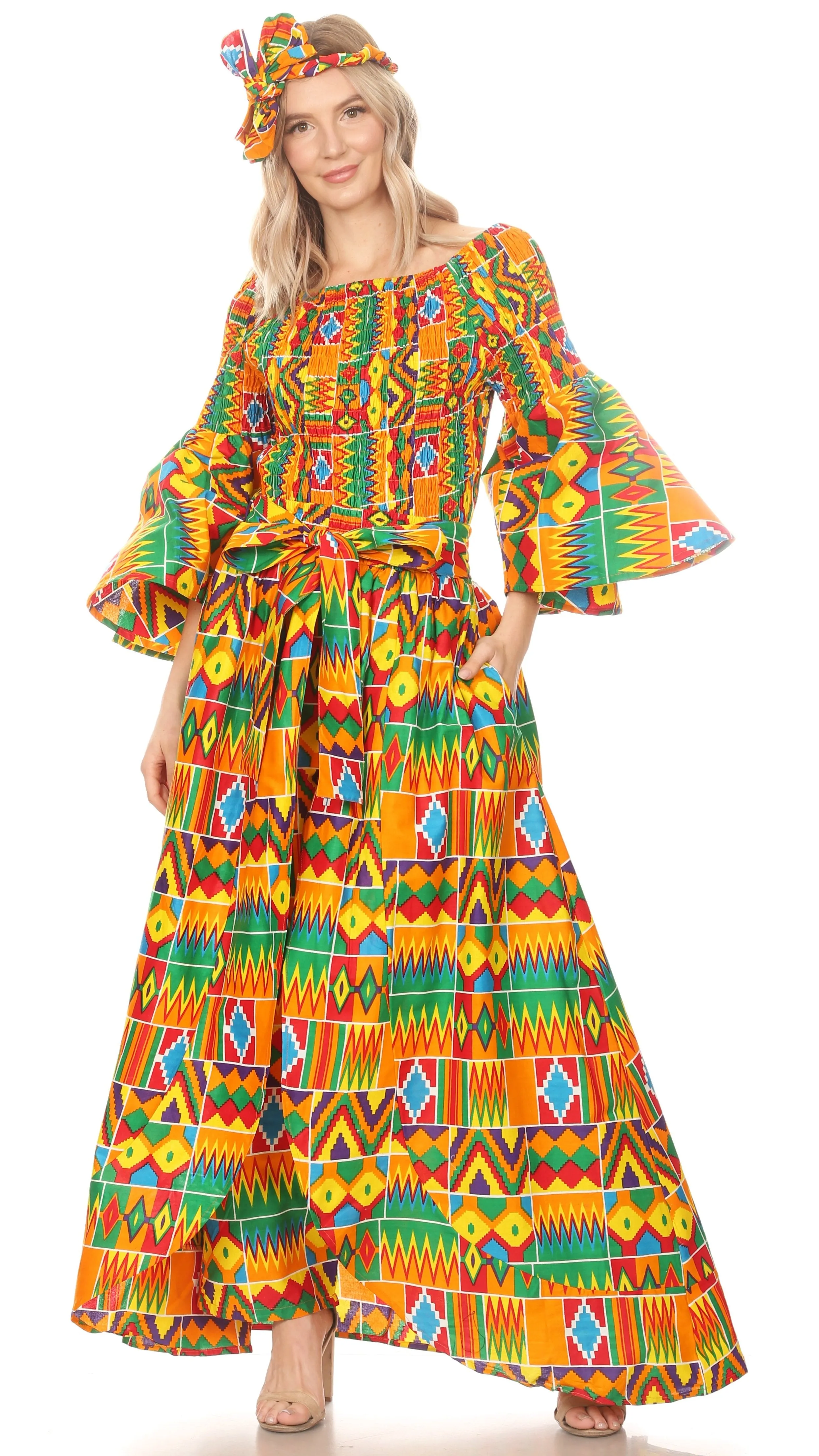 Sakkas Tesa Women's Off the Shoulder Top Pants Set African Ankara Print w/Pockets