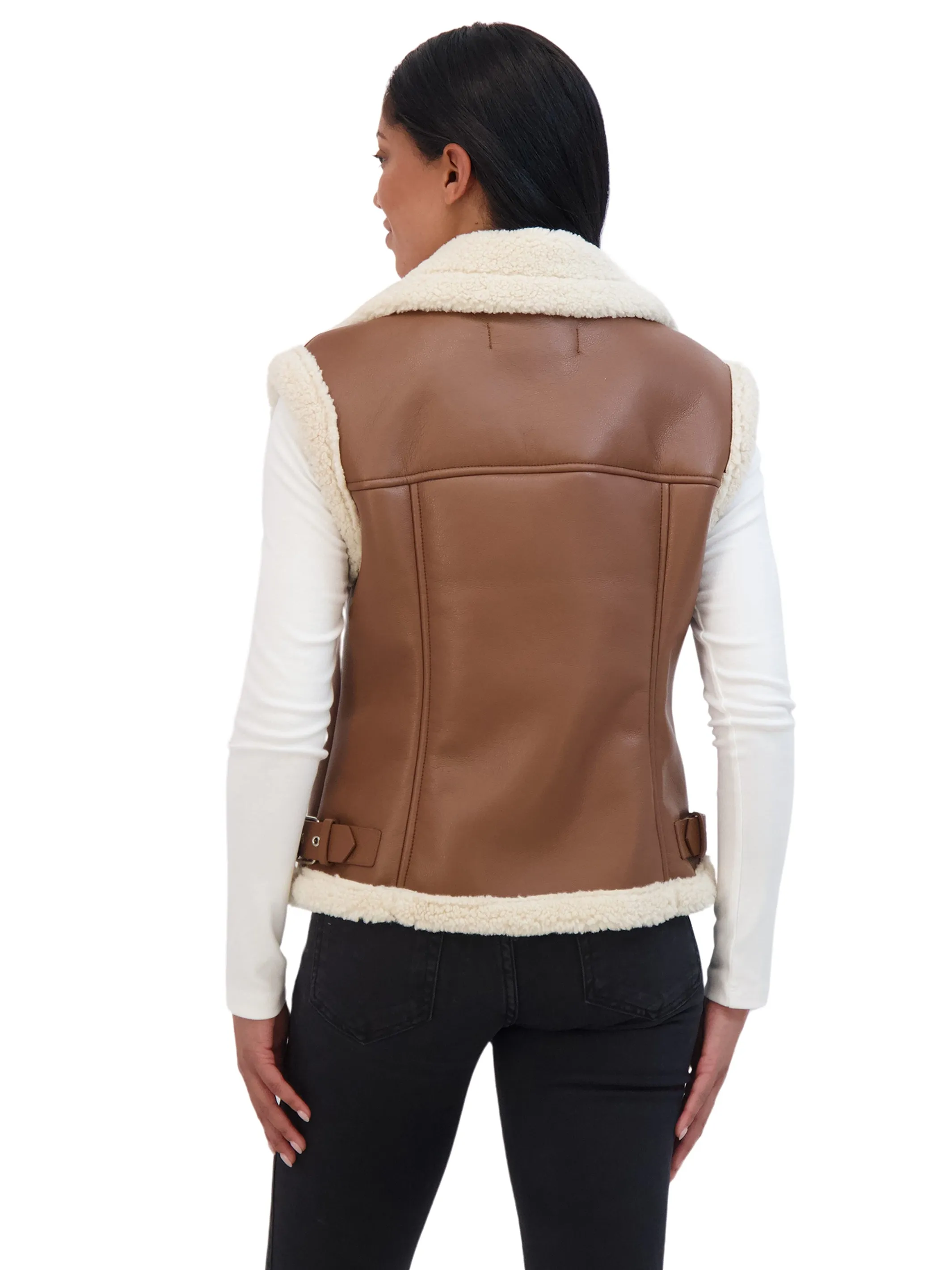 Sebby Collection Women's Moto Zip Front Faux Leather Shearling Vest