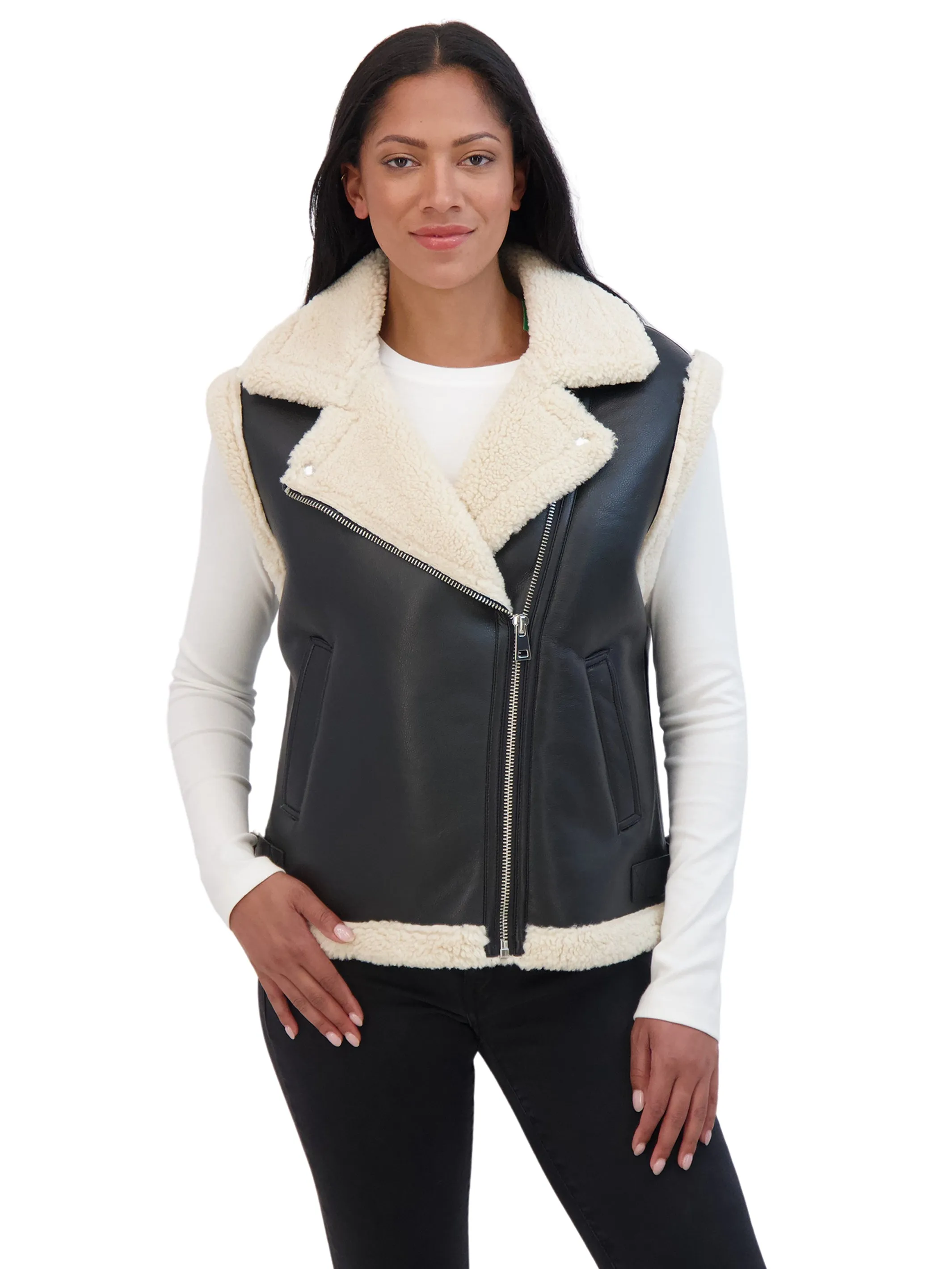 Sebby Collection Women's Moto Zip Front Faux Leather Shearling Vest