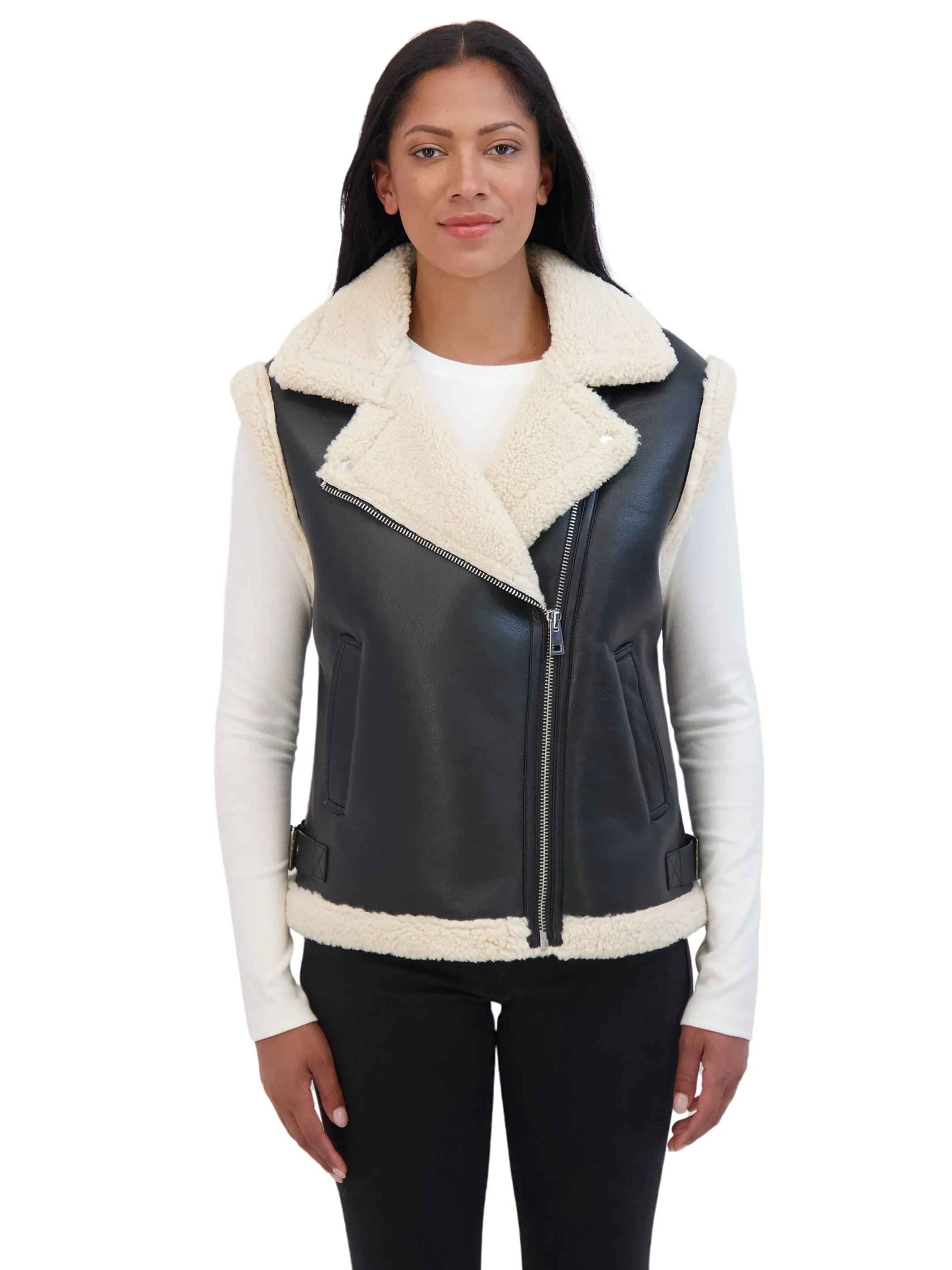 Sebby Collection Women's Moto Zip Front Faux Leather Shearling Vest