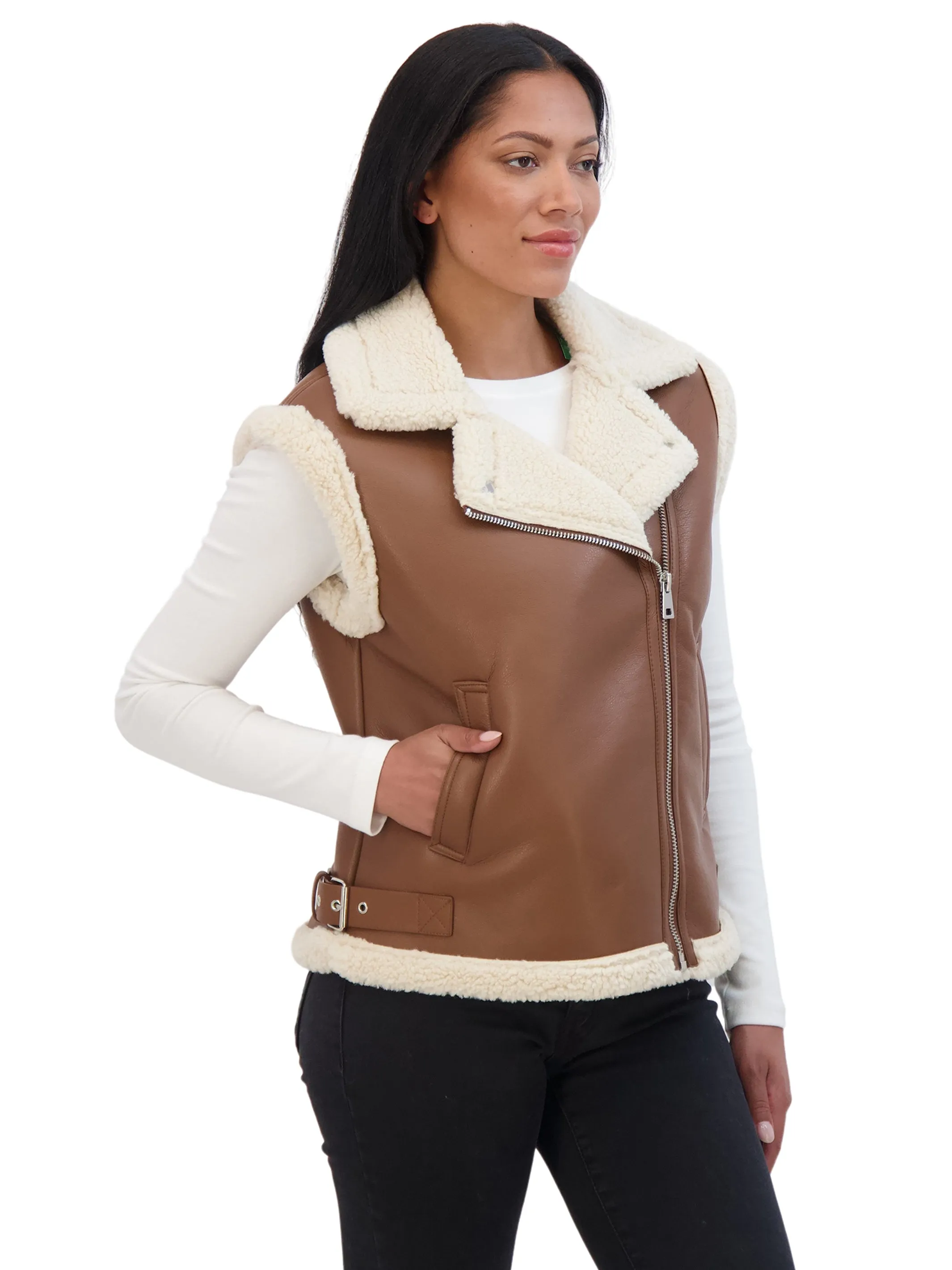 Sebby Collection Women's Moto Zip Front Faux Leather Shearling Vest