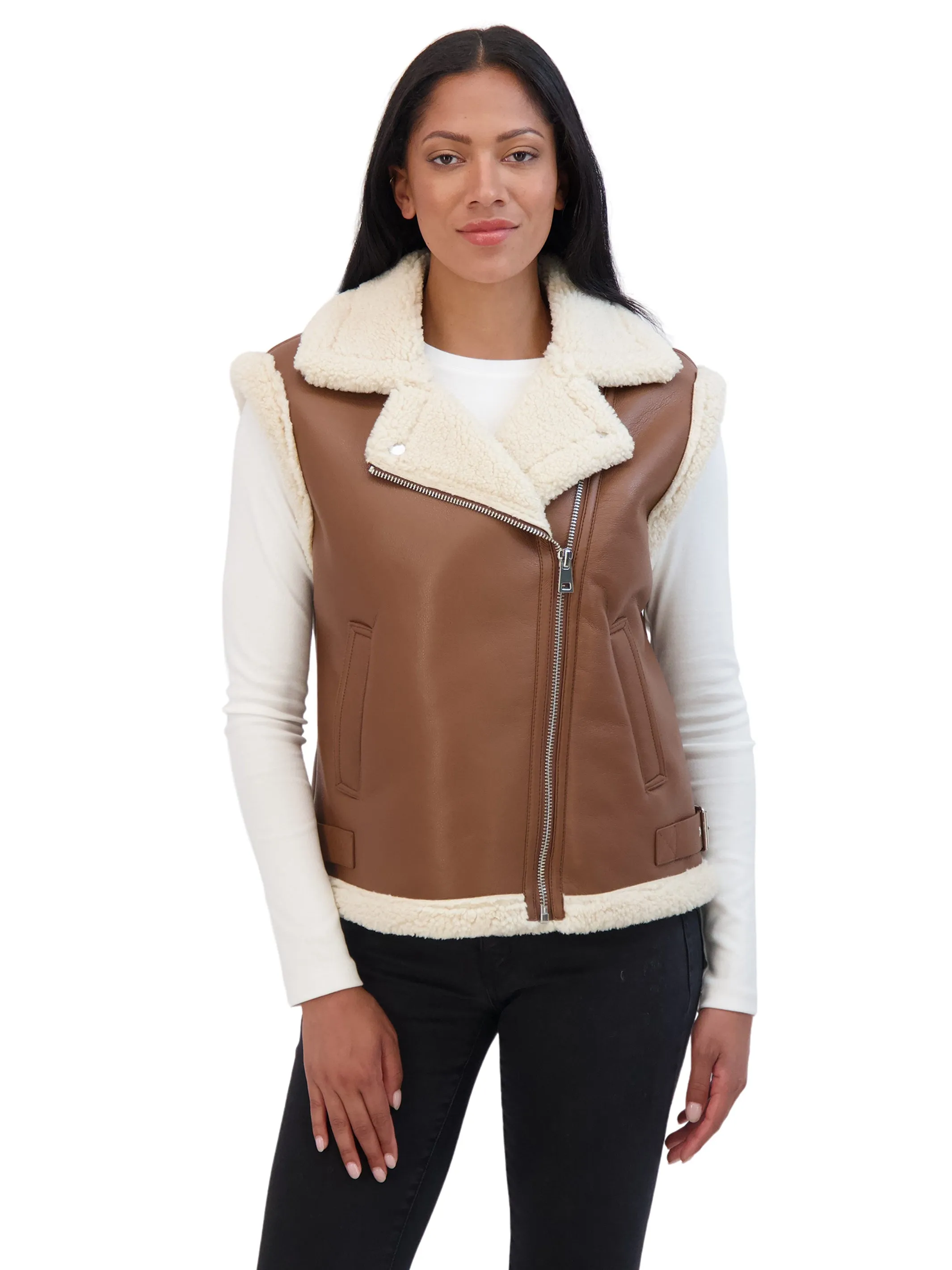 Sebby Collection Women's Moto Zip Front Faux Leather Shearling Vest