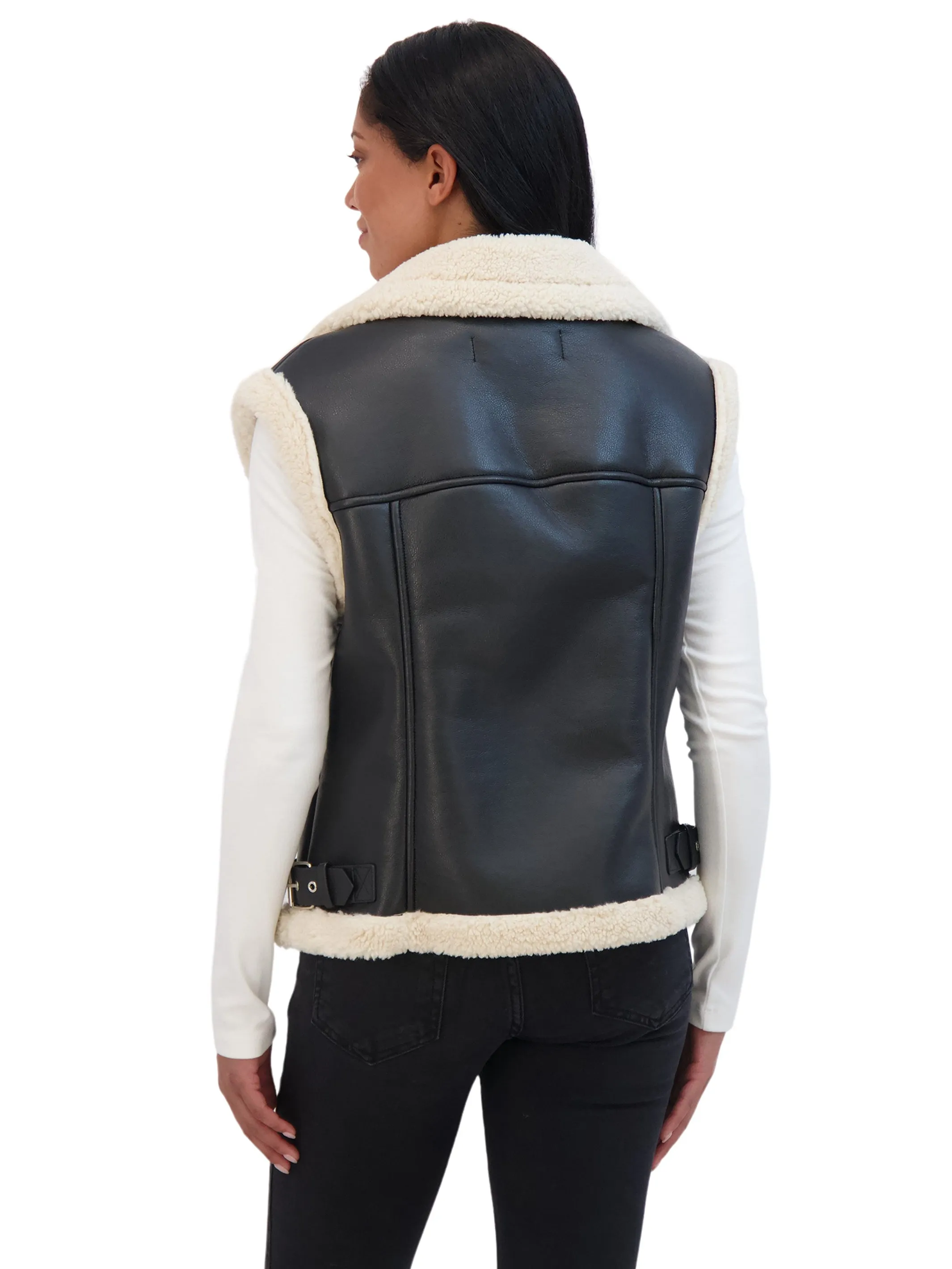 Sebby Collection Women's Moto Zip Front Faux Leather Shearling Vest