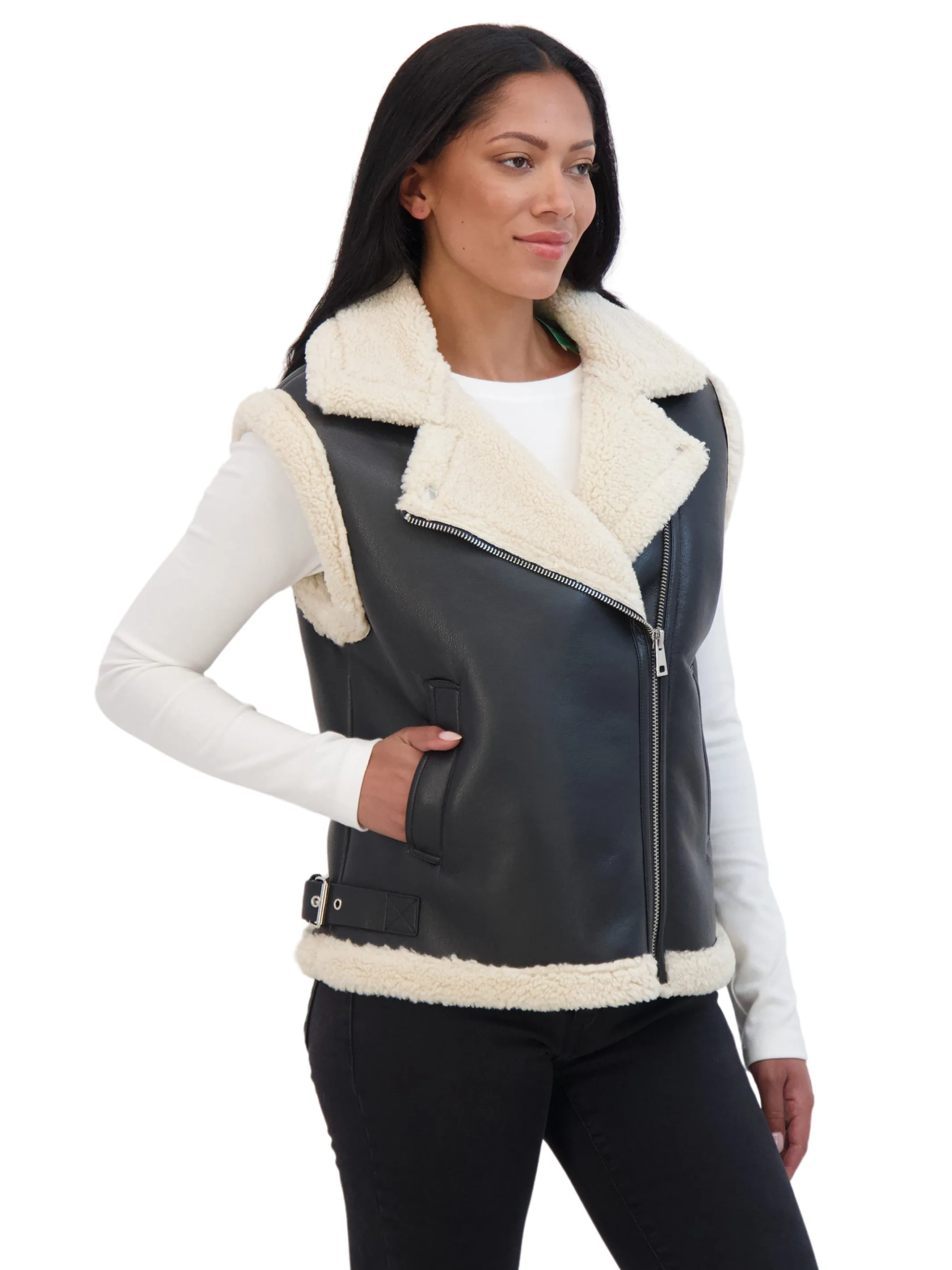 Sebby Collection Women's Moto Zip Front Faux Leather Shearling Vest