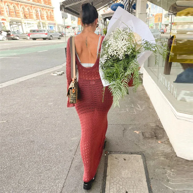 Sexy Backless Knitted See through Fishnet Summer Dress